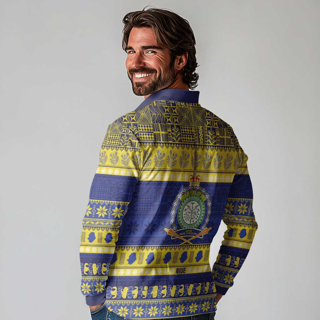 Niue Christmas Long Sleeve Polo Shirt Monuina e Kilisimasi Hiapo Motifs - Polynesian Pride