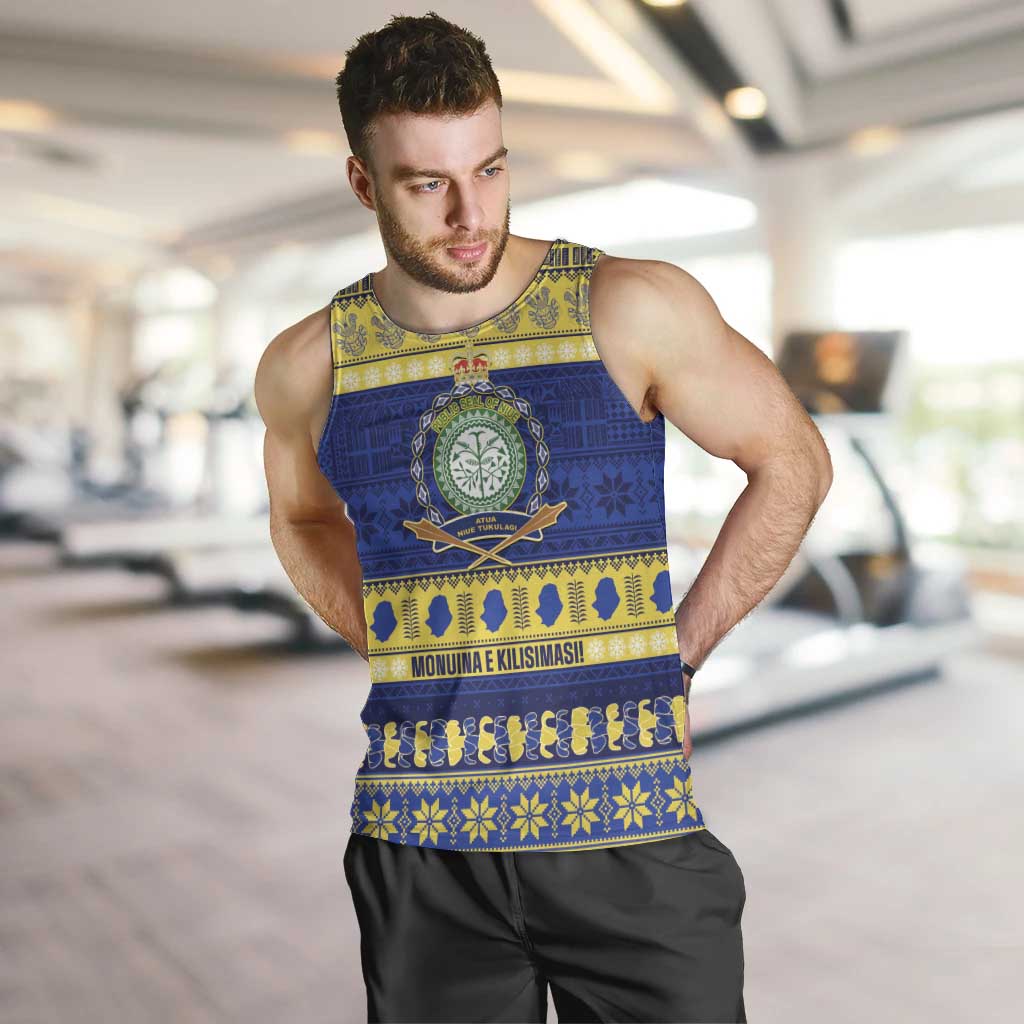 Niue Christmas Men Tank Top Monuina e Kilisimasi Hiapo Motifs LT14 Blue - Polynesian Pride