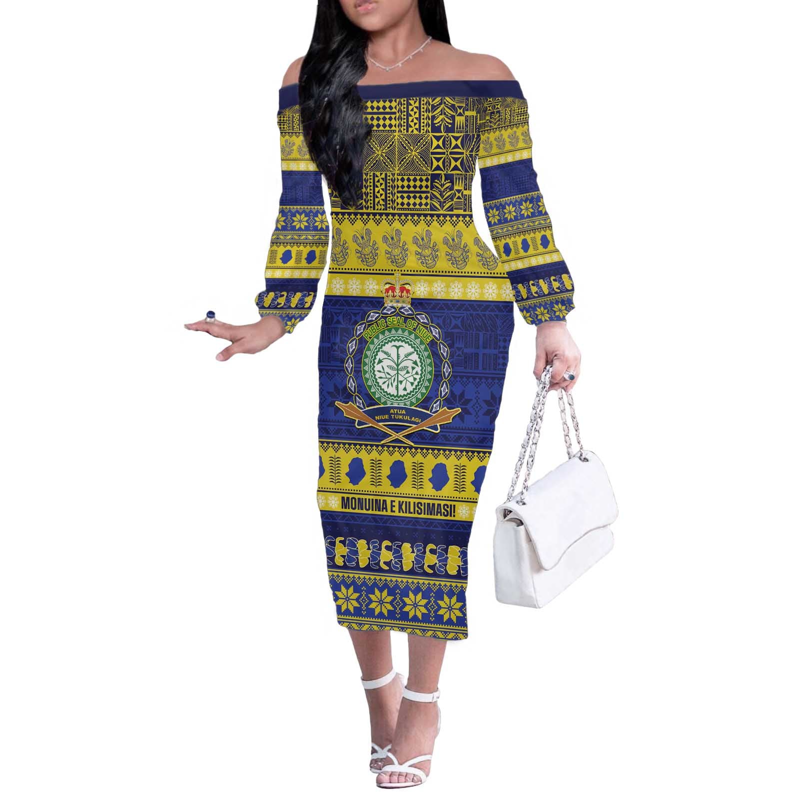 Niue Christmas Off The Shoulder Long Sleeve Dress Monuina e Kilisimasi Hiapo Motifs - Polynesian Pride