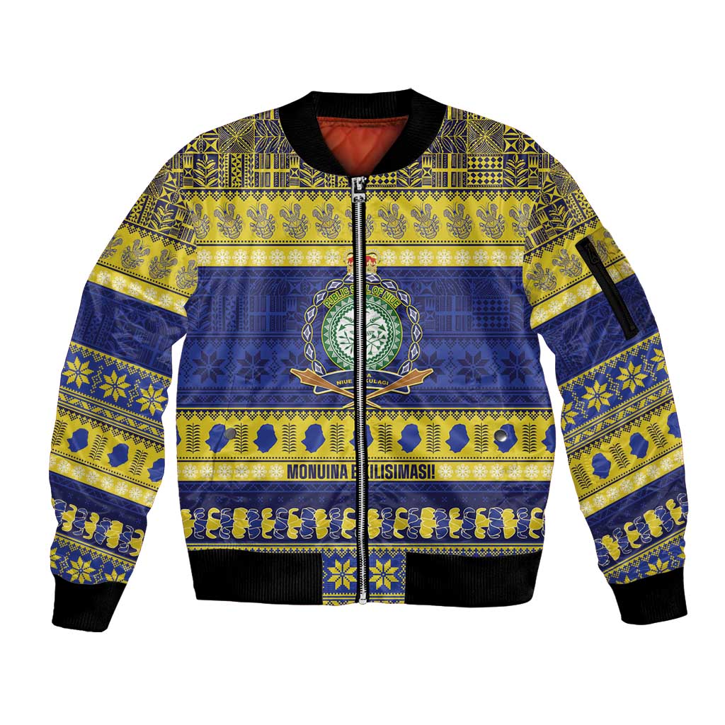 Niue Christmas Sleeve Zip Bomber Jacket Monuina e Kilisimasi Hiapo Motifs LT14 Unisex Blue - Polynesian Pride