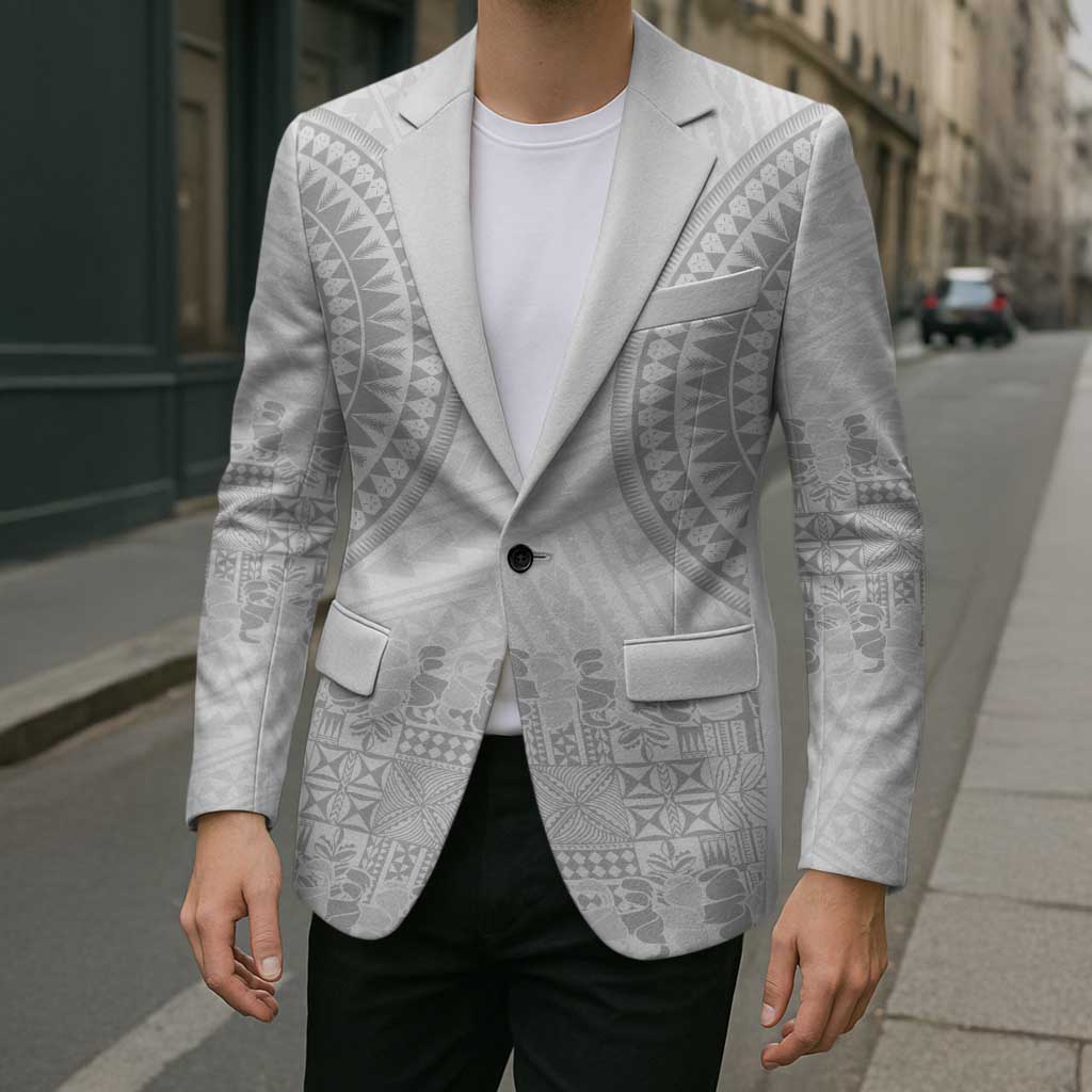Niue White Sunday Blazer Tapu Fanau Ia Puakenikeni Hiapo Pattern - Polynesian Pride