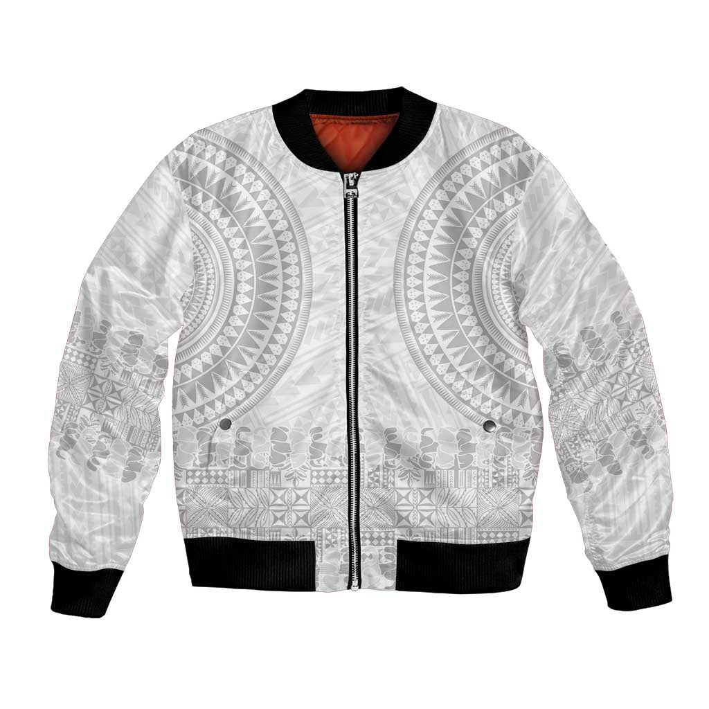 Niue White Sunday Bomber Jacket Tapu Fanau Ia Puakenikeni Hiapo Pattern LT14 Unisex White - Polynesian Pride