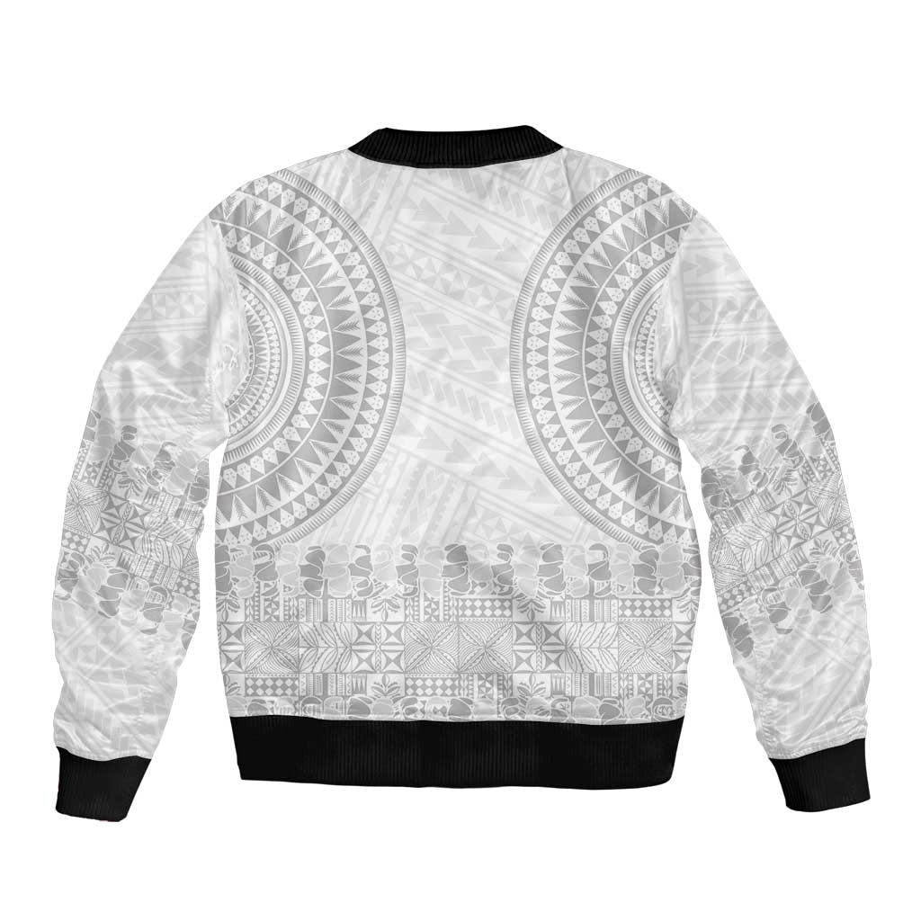 Niue White Sunday Bomber Jacket Tapu Fanau Ia Puakenikeni Hiapo Pattern LT14 - Polynesian Pride