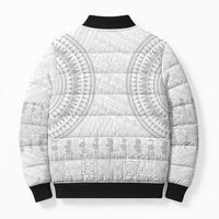Niue White Sunday Bomber Puffer Jacket Tapu Fanau Ia Puakenikeni Hiapo Pattern - Polynesian Pride