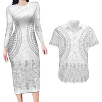 Niue White Sunday Couples Matching Long Sleeve Bodycon Dress and Hawaiian Shirt Tapu Fanau Ia Puakenikeni Hiapo Pattern LT14 White - Polynesian Pride