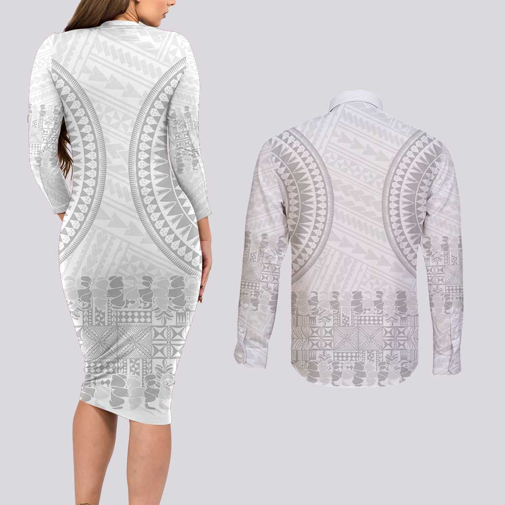 Niue White Sunday Couples Matching Long Sleeve Bodycon Dress and Long Sleeve Button Shirt Tapu Fanau Ia Puakenikeni Hiapo Pattern LT14 - Polynesian Pride