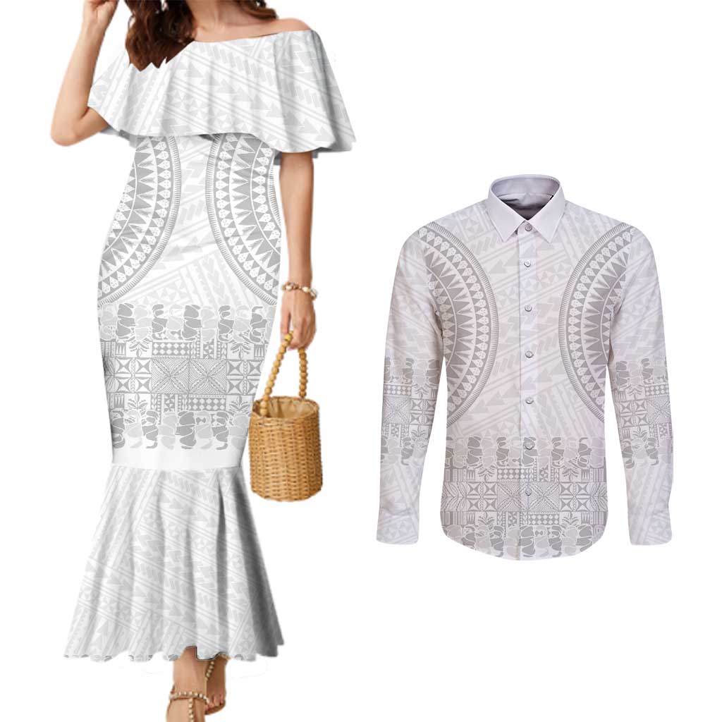 Niue White Sunday Couples Matching Mermaid Dress and Long Sleeve Button Shirt Tapu Fanau Ia Puakenikeni Hiapo Pattern LT14 White - Polynesian Pride