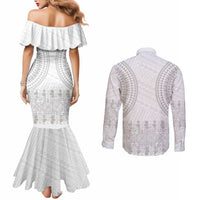 Niue White Sunday Couples Matching Mermaid Dress and Long Sleeve Button Shirt Tapu Fanau Ia Puakenikeni Hiapo Pattern LT14 - Polynesian Pride