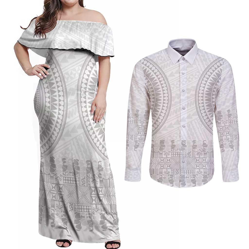 Niue White Sunday Couples Matching Off Shoulder Maxi Dress and Long Sleeve Button Shirt Tapu Fanau Ia Puakenikeni Hiapo Pattern LT14 White - Polynesian Pride