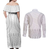 Niue White Sunday Couples Matching Off Shoulder Maxi Dress and Long Sleeve Button Shirt Tapu Fanau Ia Puakenikeni Hiapo Pattern LT14 - Polynesian Pride