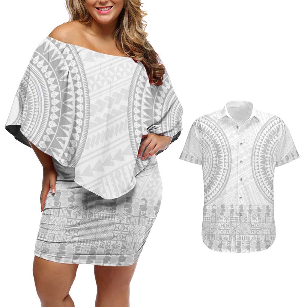 Niue White Sunday Couples Matching Off Shoulder Short Dress and Hawaiian Shirt Tapu Fanau Ia Puakenikeni Hiapo Pattern LT14 White - Polynesian Pride
