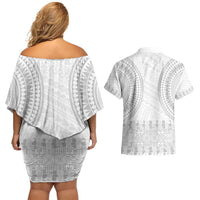 Niue White Sunday Couples Matching Off Shoulder Short Dress and Hawaiian Shirt Tapu Fanau Ia Puakenikeni Hiapo Pattern LT14 - Polynesian Pride