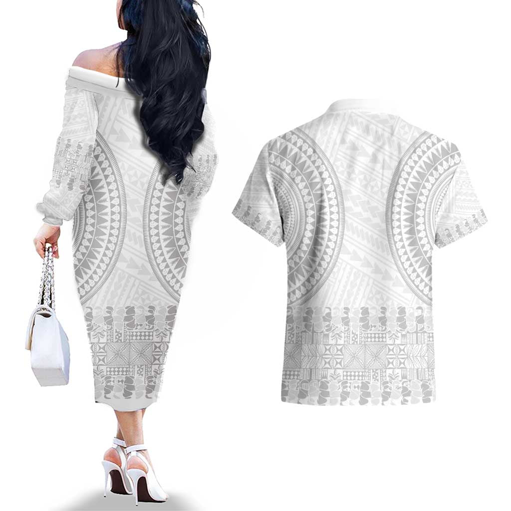Niue White Sunday Couples Matching Off The Shoulder Long Sleeve Dress and Hawaiian Shirt Tapu Fanau Ia Puakenikeni Hiapo Pattern LT14 - Polynesian Pride