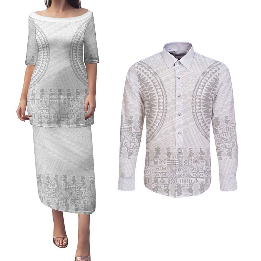 Niue White Sunday Couples Matching Puletasi and Long Sleeve Button Shirt Tapu Fanau Ia Puakenikeni Hiapo Pattern - Polynesian Pride