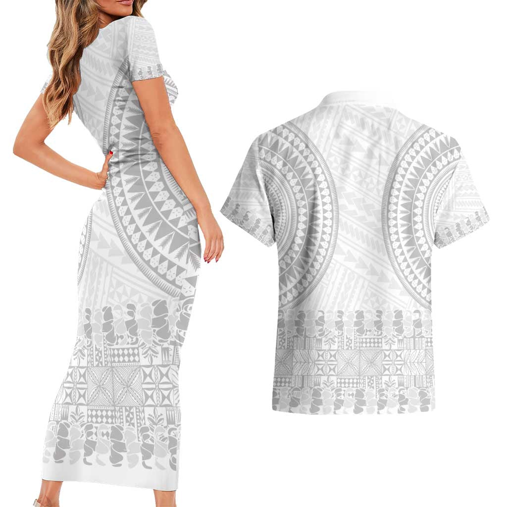 Niue White Sunday Couples Matching Short Sleeve Bodycon Dress and Hawaiian Shirt Tapu Fanau Ia Puakenikeni Hiapo Pattern LT14 - Polynesian Pride