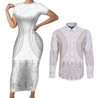 Niue White Sunday Couples Matching Short Sleeve Bodycon Dress and Long Sleeve Button Shirt Tapu Fanau Ia Puakenikeni Hiapo Pattern LT14 White - Polynesian Pride
