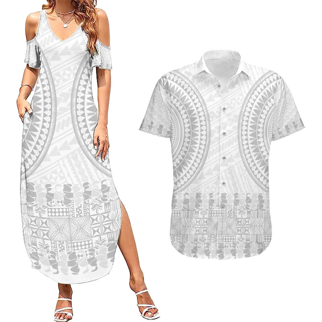 Niue White Sunday Couples Matching Summer Maxi Dress and Hawaiian Shirt Tapu Fanau Ia Puakenikeni Hiapo Pattern LT14 White - Polynesian Pride