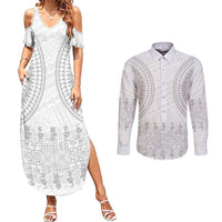 Niue White Sunday Couples Matching Summer Maxi Dress and Long Sleeve Button Shirt Tapu Fanau Ia Puakenikeni Hiapo Pattern LT14 White - Polynesian Pride