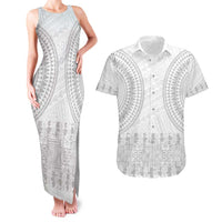 Niue White Sunday Couples Matching Tank Maxi Dress and Hawaiian Shirt Tapu Fanau Ia Puakenikeni Hiapo Pattern LT14 White - Polynesian Pride