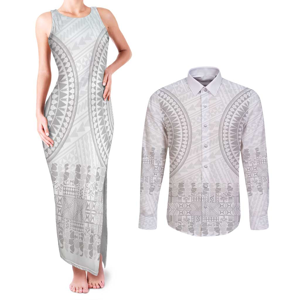 Niue White Sunday Couples Matching Tank Maxi Dress and Long Sleeve Button Shirt Tapu Fanau Ia Puakenikeni Hiapo Pattern LT14 White - Polynesian Pride