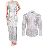 Niue White Sunday Couples Matching Tank Maxi Dress and Long Sleeve Button Shirt Tapu Fanau Ia Puakenikeni Hiapo Pattern LT14 White - Polynesian Pride