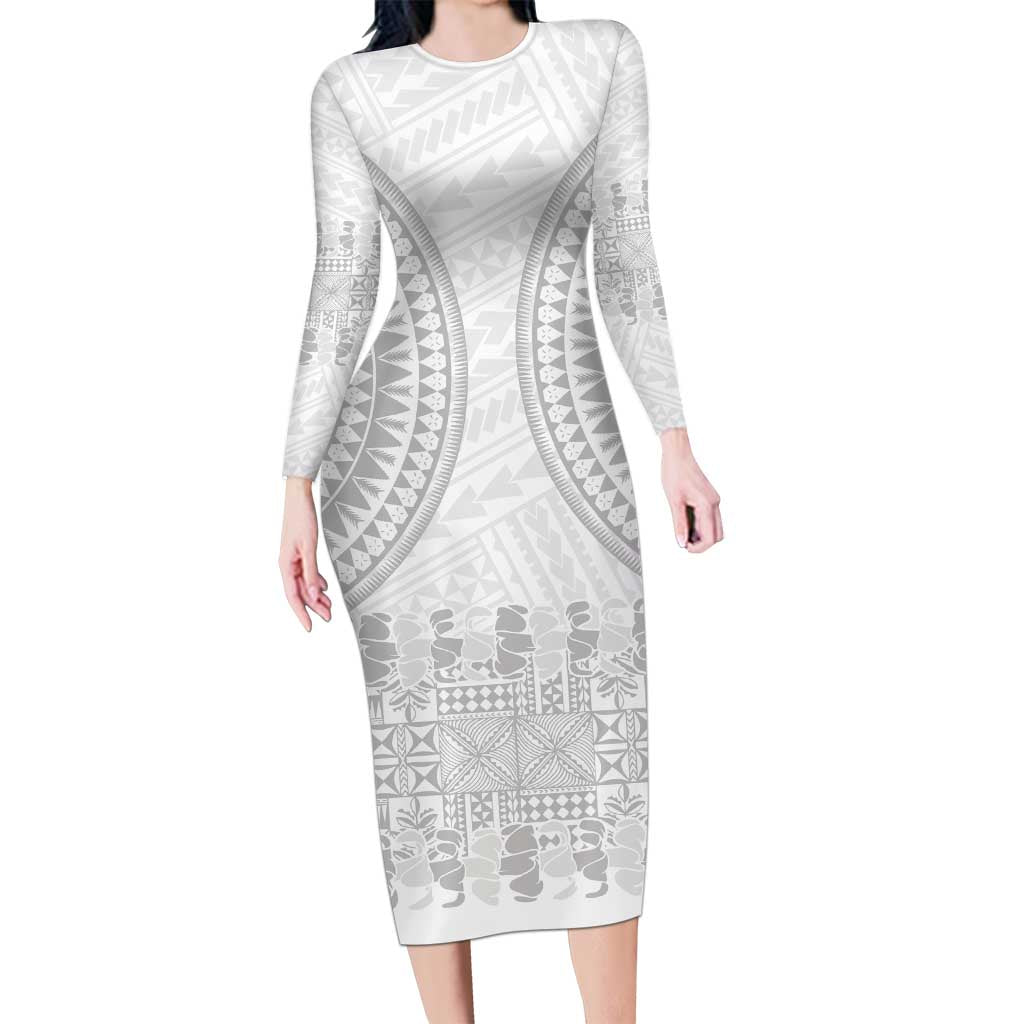 Niue White Sunday Family Matching Long Sleeve Bodycon Dress and Hawaiian Shirt Tapu Fanau Ia Puakenikeni Hiapo Pattern LT14 Mom's Dress White - Polynesian Pride