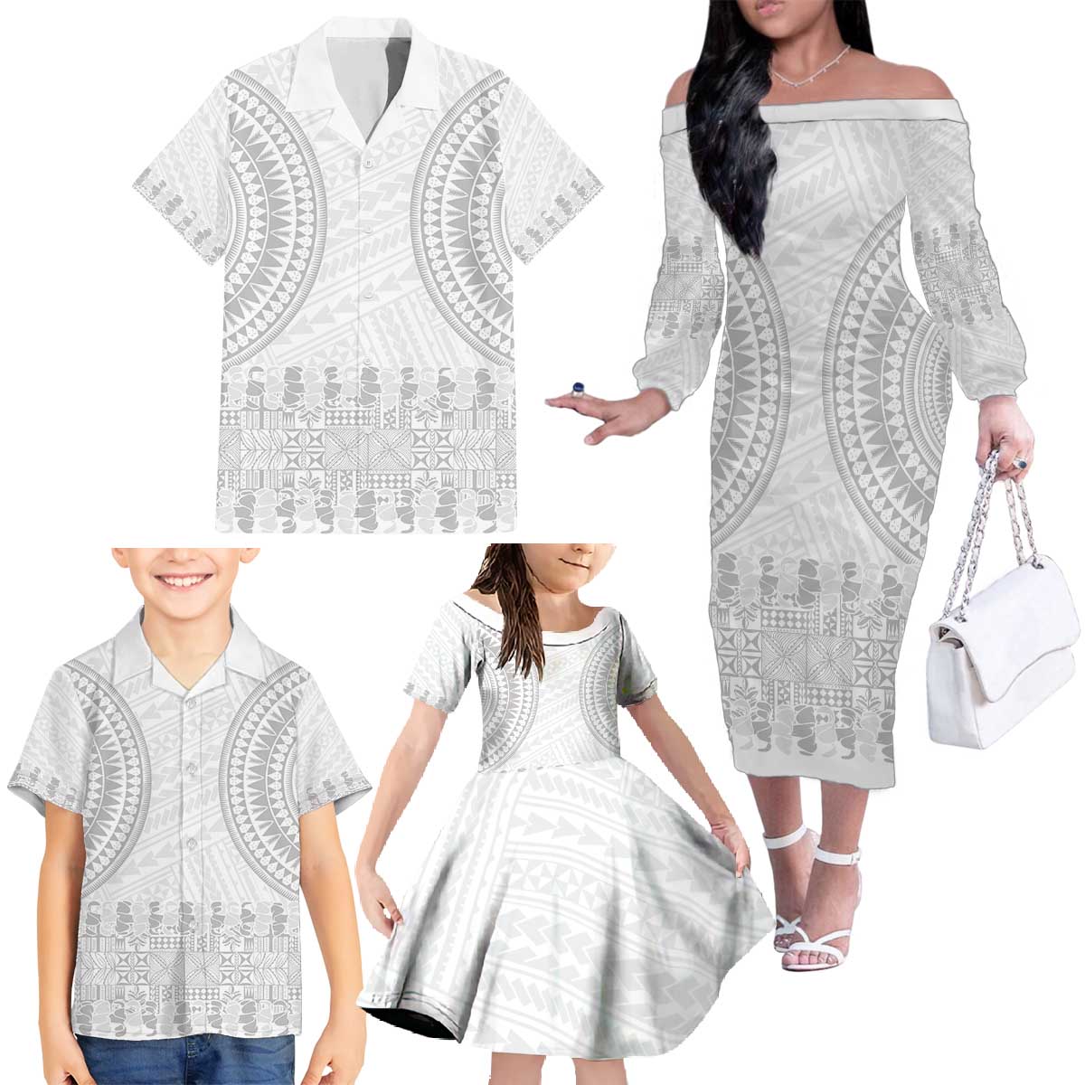 Niue White Sunday Family Matching Off The Shoulder Long Sleeve Dress and Hawaiian Shirt Tapu Fanau Ia Puakenikeni Hiapo Pattern LT14 - Polynesian Pride