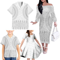 Niue White Sunday Family Matching Off The Shoulder Long Sleeve Dress and Hawaiian Shirt Tapu Fanau Ia Puakenikeni Hiapo Pattern LT14 - Polynesian Pride