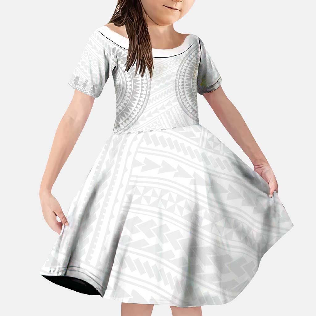 Niue White Sunday Family Matching Off Shoulder Maxi Dress and Hawaiian Shirt Tapu Fanau Ia Puakenikeni Hiapo Pattern LT14 Daughter's Dress White - Polynesian Pride