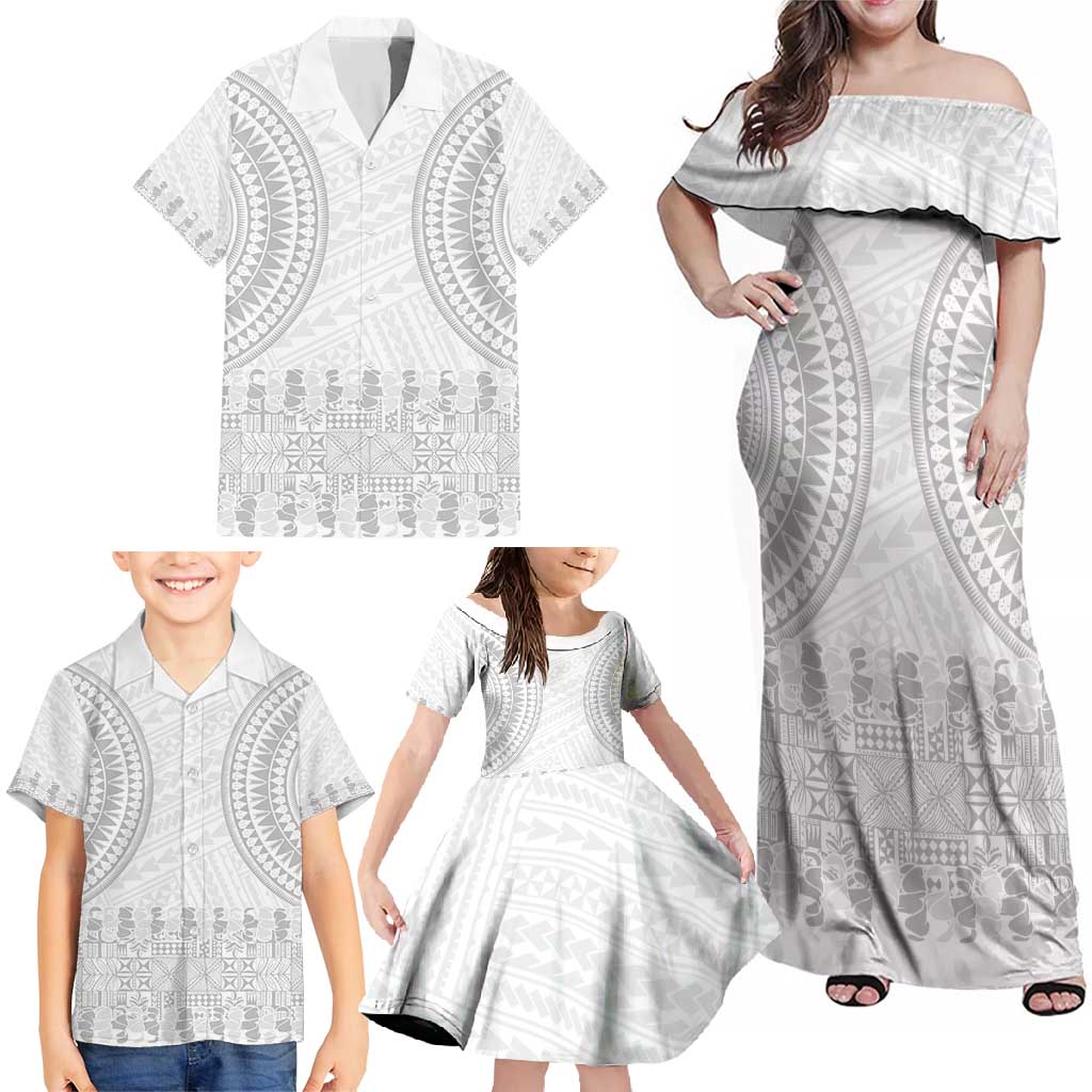 Niue White Sunday Family Matching Off Shoulder Maxi Dress and Hawaiian Shirt Tapu Fanau Ia Puakenikeni Hiapo Pattern LT14 - Polynesian Pride