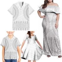 Niue White Sunday Family Matching Off Shoulder Maxi Dress and Hawaiian Shirt Tapu Fanau Ia Puakenikeni Hiapo Pattern LT14 - Polynesian Pride