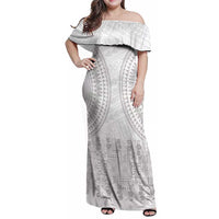 Niue White Sunday Family Matching Off Shoulder Maxi Dress and Hawaiian Shirt Tapu Fanau Ia Puakenikeni Hiapo Pattern LT14 Mom's Dress White - Polynesian Pride