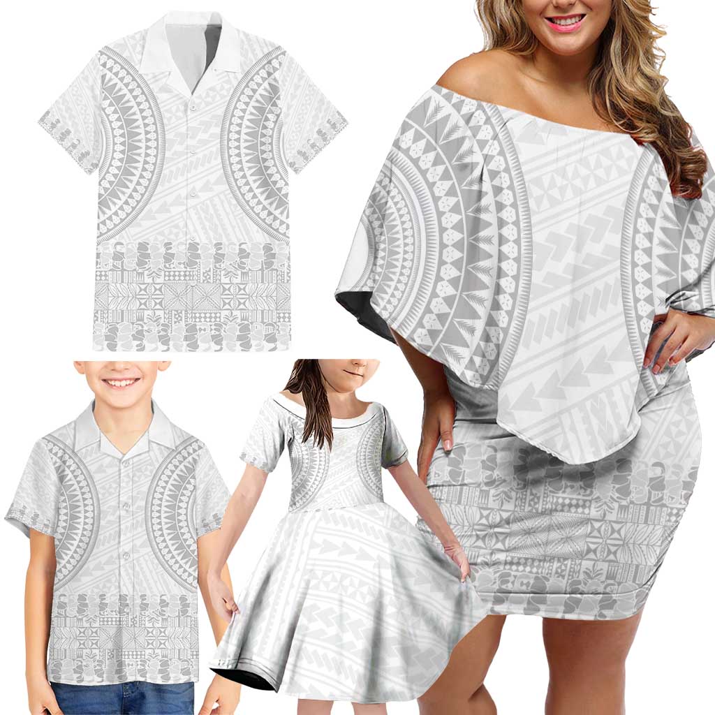 Niue White Sunday Family Matching Off Shoulder Short Dress and Hawaiian Shirt Tapu Fanau Ia Puakenikeni Hiapo Pattern LT14 - Polynesian Pride
