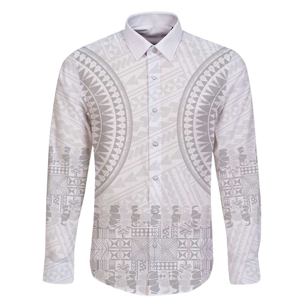Niue White Sunday Family Matching Off Shoulder Short Dress and Hawaiian Shirt Tapu Fanau Ia Puakenikeni Hiapo Pattern LT14 Dad's Shirt - Long Sleeve White - Polynesian Pride