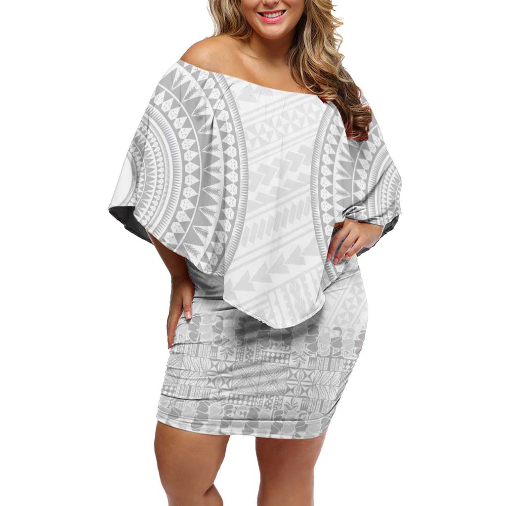 Niue White Sunday Family Matching Off Shoulder Short Dress and Hawaiian Shirt Tapu Fanau Ia Puakenikeni Hiapo Pattern LT14 Mom's Dress White - Polynesian Pride