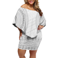 Niue White Sunday Family Matching Off Shoulder Short Dress and Hawaiian Shirt Tapu Fanau Ia Puakenikeni Hiapo Pattern LT14 Mom's Dress White - Polynesian Pride