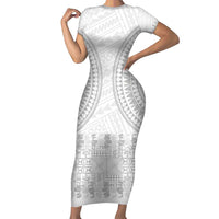 Niue White Sunday Family Matching Short Sleeve Bodycon Dress and Hawaiian Shirt Tapu Fanau Ia Puakenikeni Hiapo Pattern LT14 Mom's Dress White - Polynesian Pride