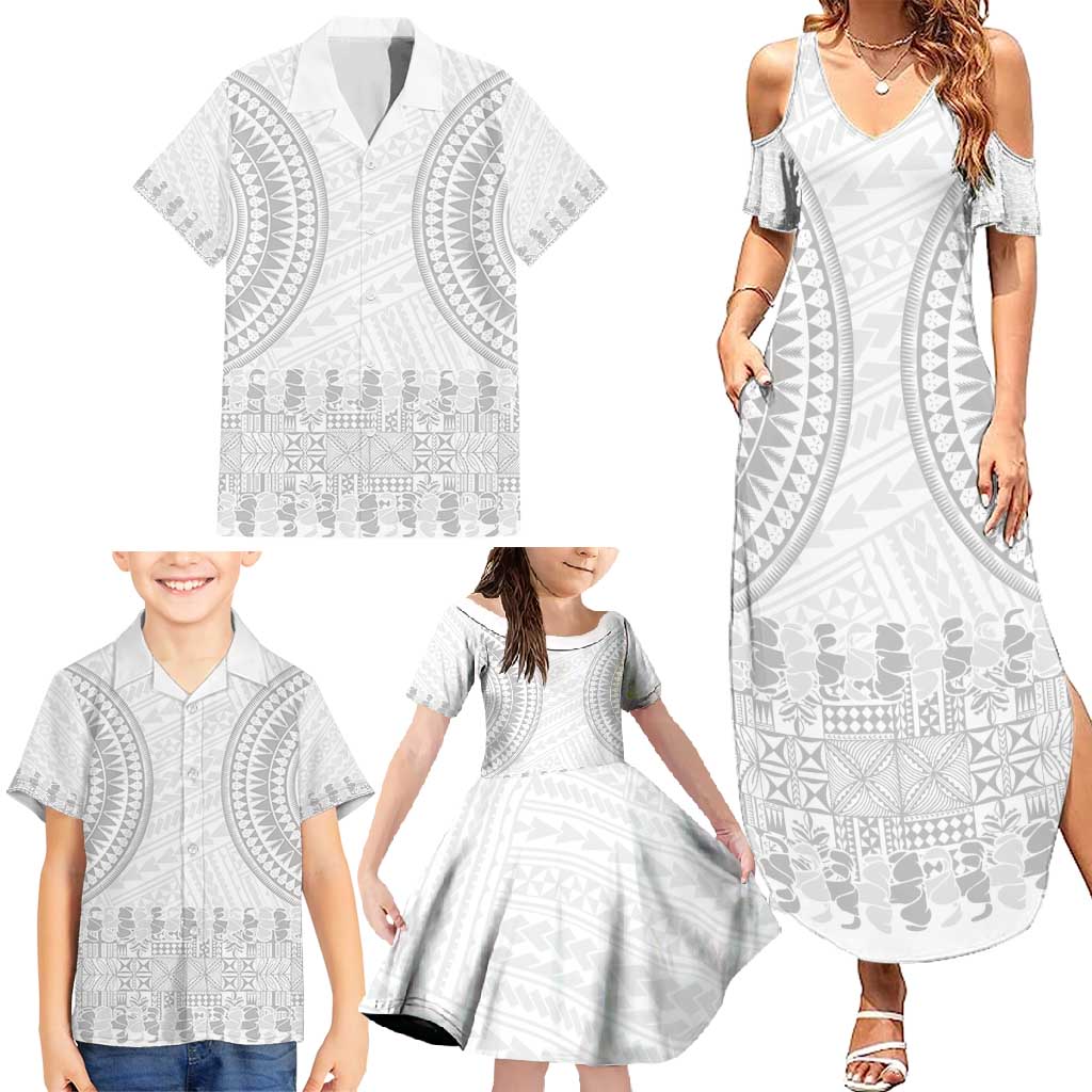 Niue White Sunday Family Matching Summer Maxi Dress and Hawaiian Shirt Tapu Fanau Ia Puakenikeni Hiapo Pattern LT14 - Polynesian Pride