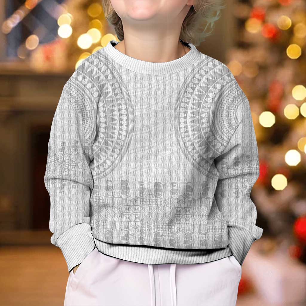 Niue White Sunday Kid Ugly Christmas Sweater Tapu Fanau Ia Puakenikeni Hiapo Pattern - Polynesian Pride