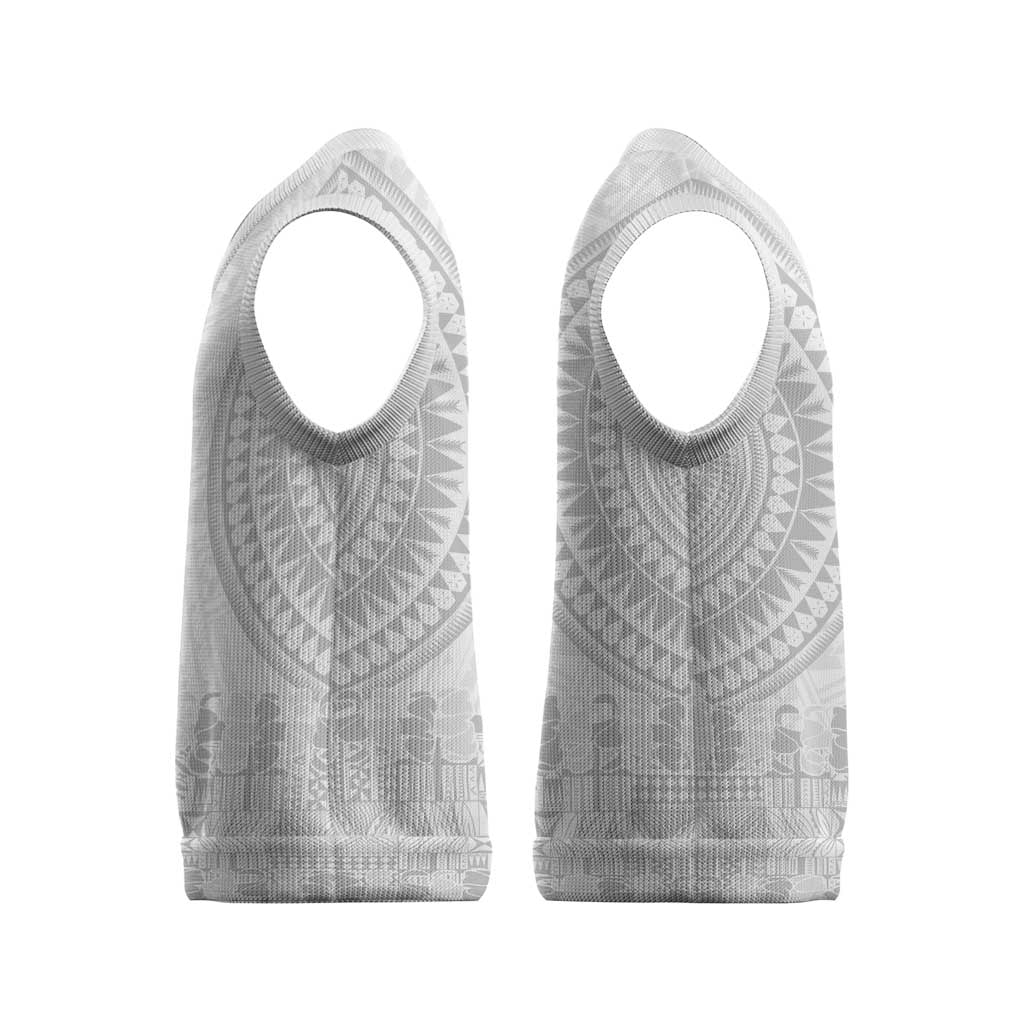 Niue White Sunday Christmas Knitted V-Neck Vest Tapu Fanau Ia Puakenikeni Hiapo Pattern - Polynesian Pride