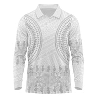 Niue White Sunday Long Sleeve Polo Shirt Tapu Fanau Ia Puakenikeni Hiapo Pattern - Polynesian Pride