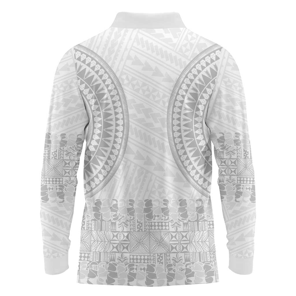 Niue White Sunday Long Sleeve Polo Shirt Tapu Fanau Ia Puakenikeni Hiapo Pattern - Polynesian Pride