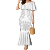 Niue White Sunday Mermaid Dress Tapu Fanau Ia Puakenikeni Hiapo Pattern - Polynesian Pride