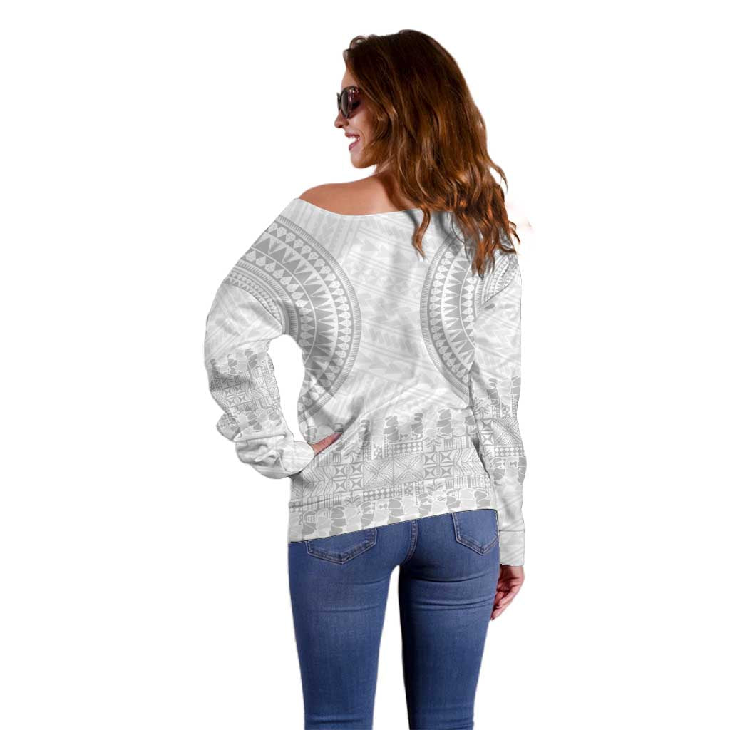Niue White Sunday Off Shoulder Sweater Tapu Fanau Ia Puakenikeni Hiapo Pattern - Polynesian Pride