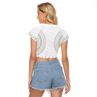 Niue White Sunday Raglan Cropped T Shirt Tapu Fanau Ia Puakenikeni Hiapo Pattern - Polynesian Pride