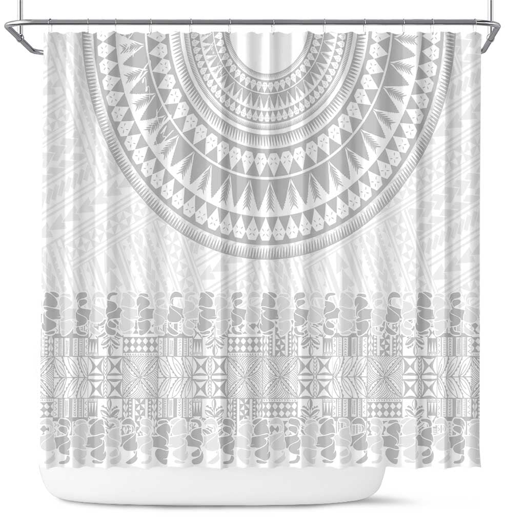 Niue White Sunday Shower Curtain Tapu Fanau Ia Puakenikeni Hiapo Pattern - Polynesian Pride