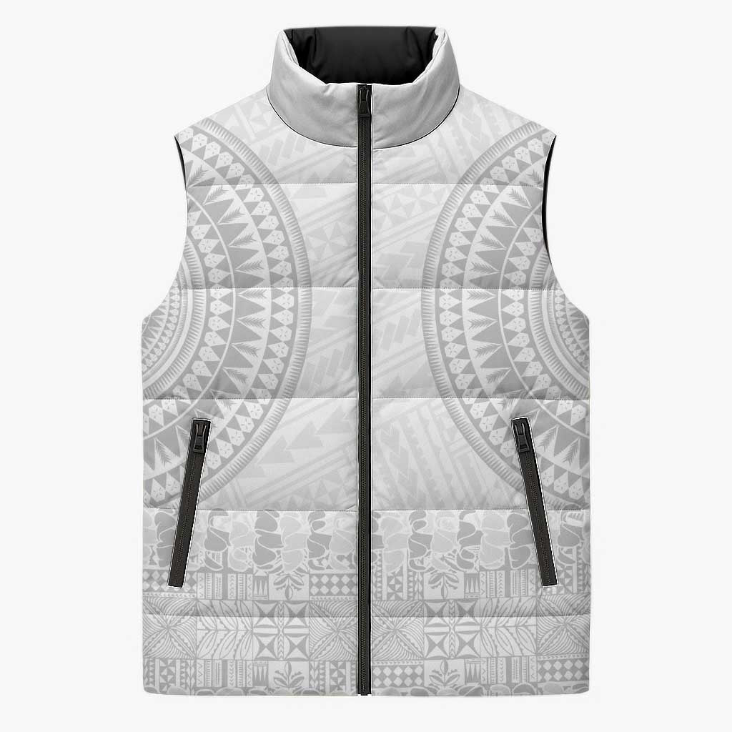 Niue White Sunday Sleeveless Puffer Jacket Tapu Fanau Ia Puakenikeni Hiapo Pattern - Polynesian Pride