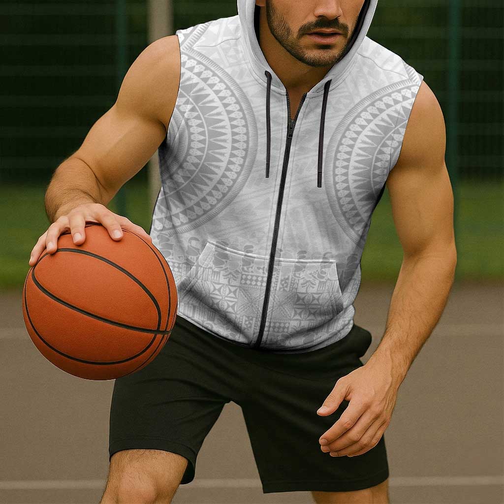 Niue White Sunday Sleeveless Zip Hoodie Tapu Fanau Ia Puakenikeni Hiapo Pattern - Polynesian Pride