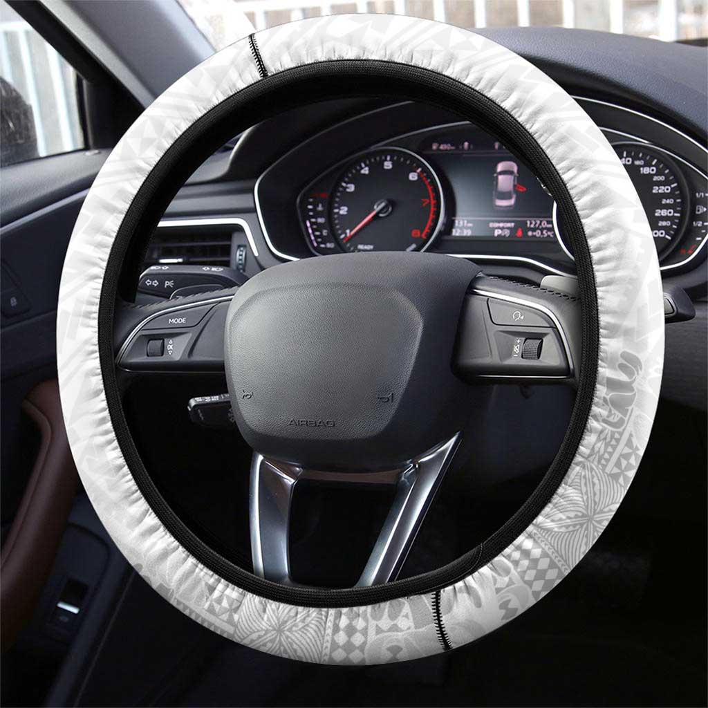 Niue White Sunday Steering Wheel Cover Tapu Fanau Ia Puakenikeni Hiapo Pattern - Polynesian Pride