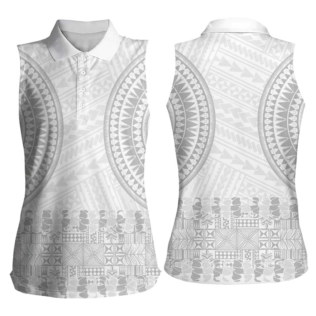 Niue White Sunday Women Sleeveless Polo Shirt Tapu Fanau Ia Puakenikeni Hiapo Pattern - Polynesian Pride